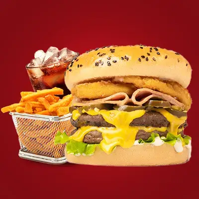 a burger with fries and a drink