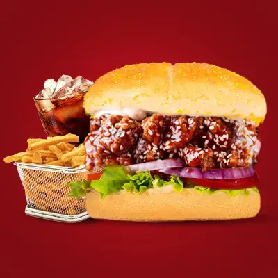 a burger with a drink and fries