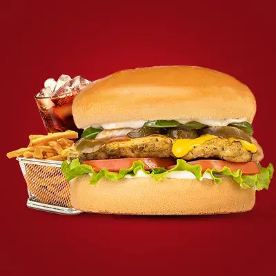 a burger and fries on a red background