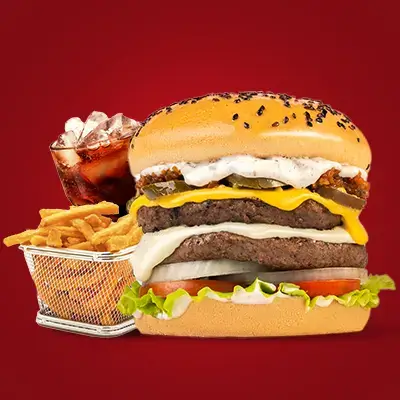 a burger with fries and a drink