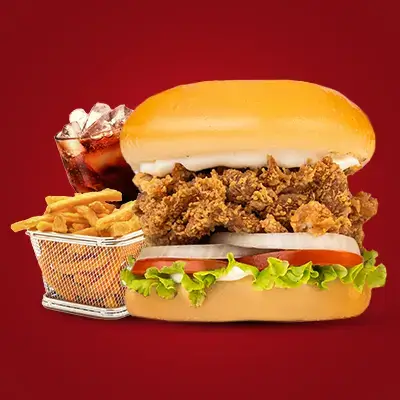a burger with fries and a drink